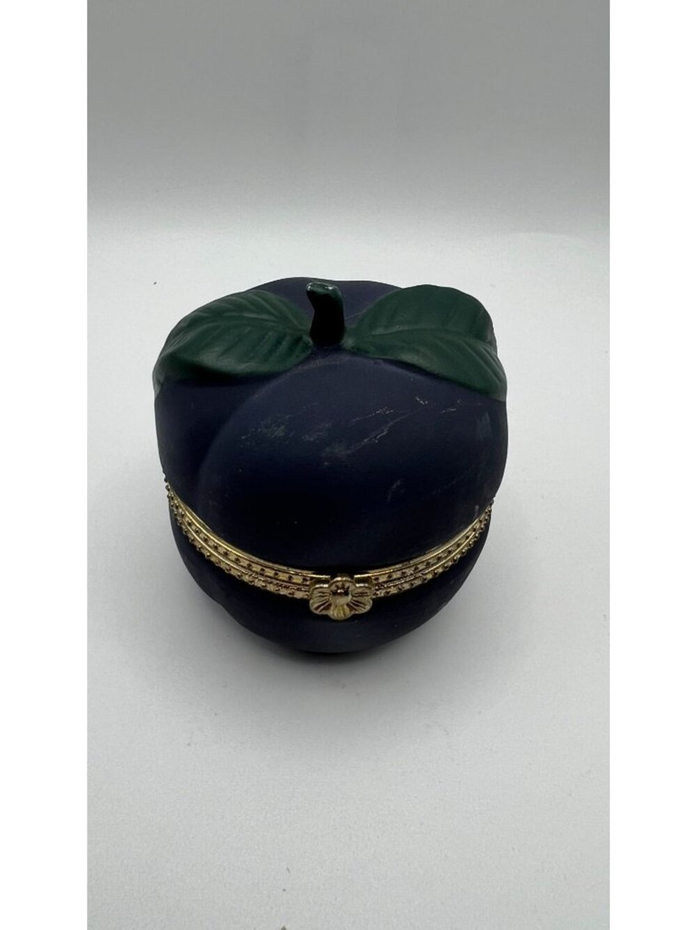 Decorative Plum-Shaped Trinket Box With Gold Hinged Accent Porcelain Interior